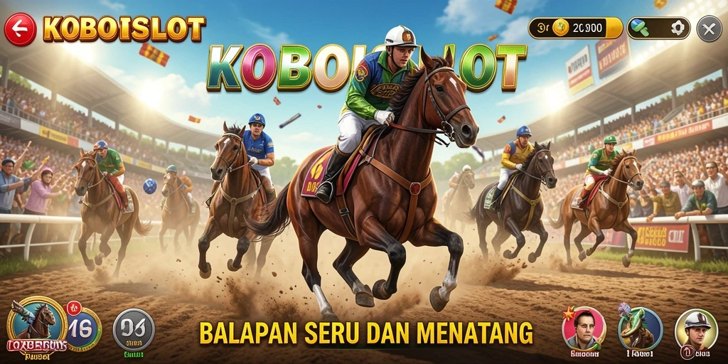 Screenshot utama KOBOISLOT menampilkan aksi balapan yang mendebarkan.